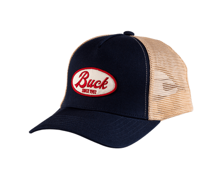 Buck Embroidered Logo Trucker Hat - Blue/Khaki